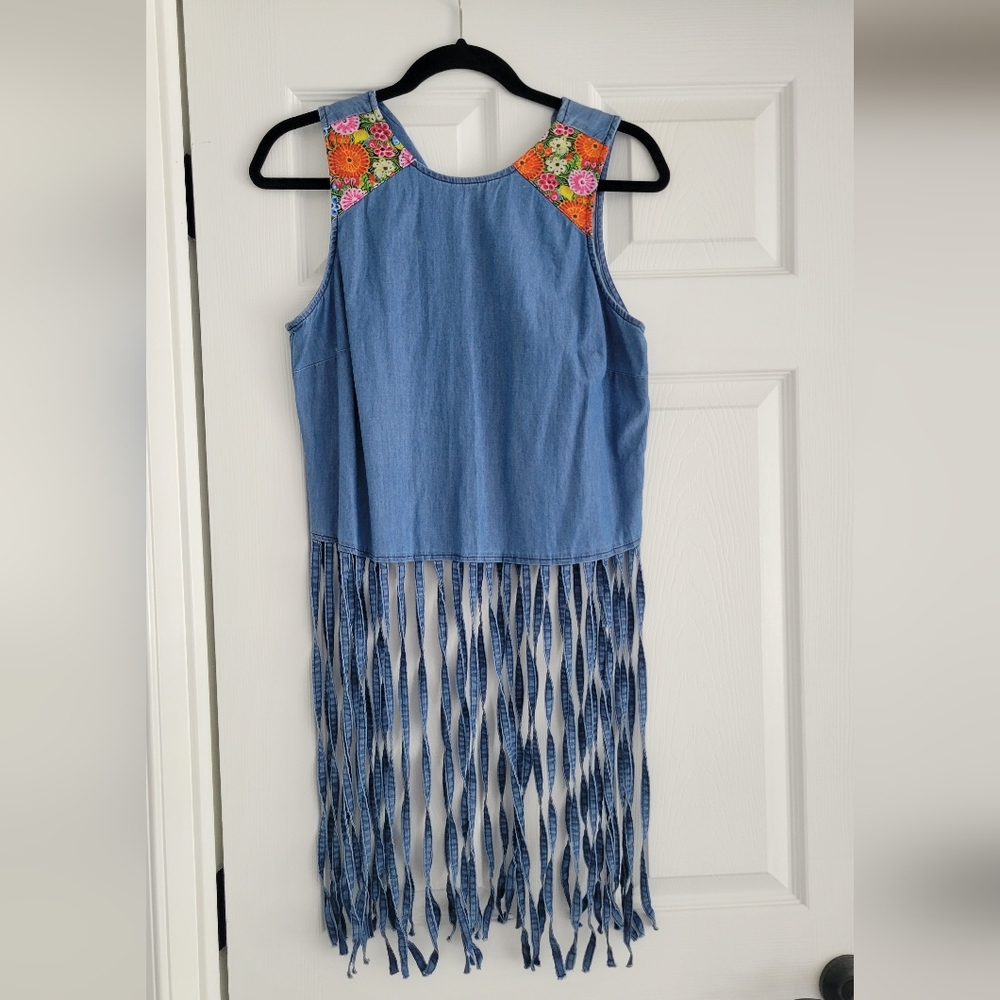 Ay Guey Blue Denim Fringe Tank Top with Floral Accents